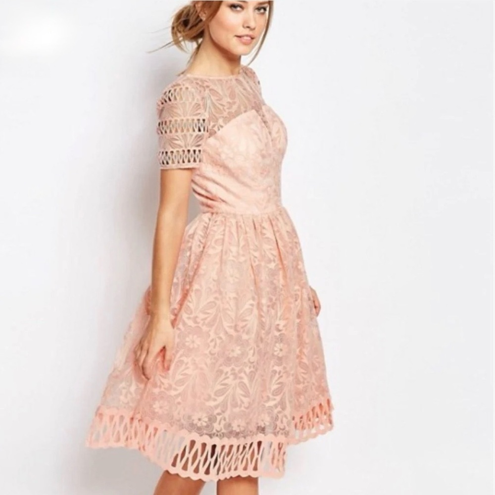 Chi Chi London Petite Fit & Flare Midi Dress Peachy Pink Lace Cutwork Detail